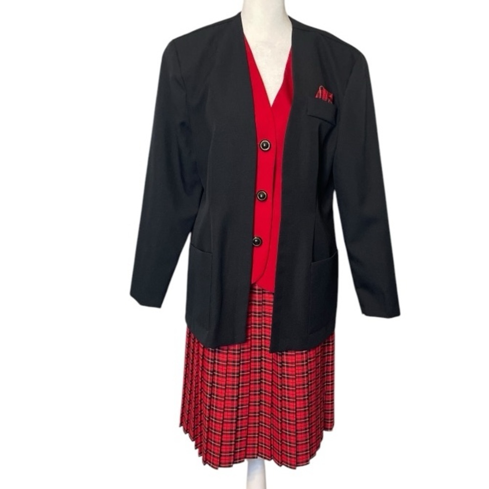 Vintage 80s Plaid Skirt Suit Set Red Black Power Suit Berg-Ray 10 Secretary Chic - Picture 3 of 11